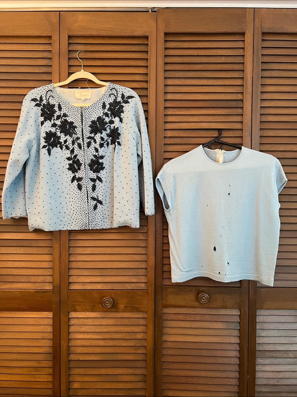Vintage 1950s 1960s Ice Blue Cardigan With Black Beads and Top- Sweater Set